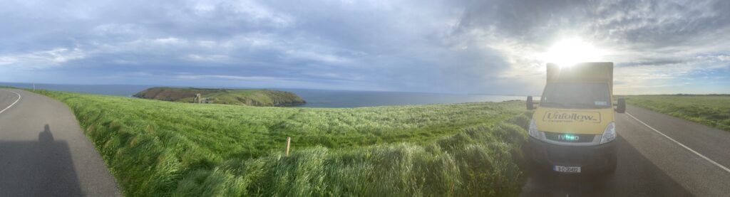 Panorama Photo of Unfollow Campervan parked on the Old Head of Kinsale on a beautiful evening.